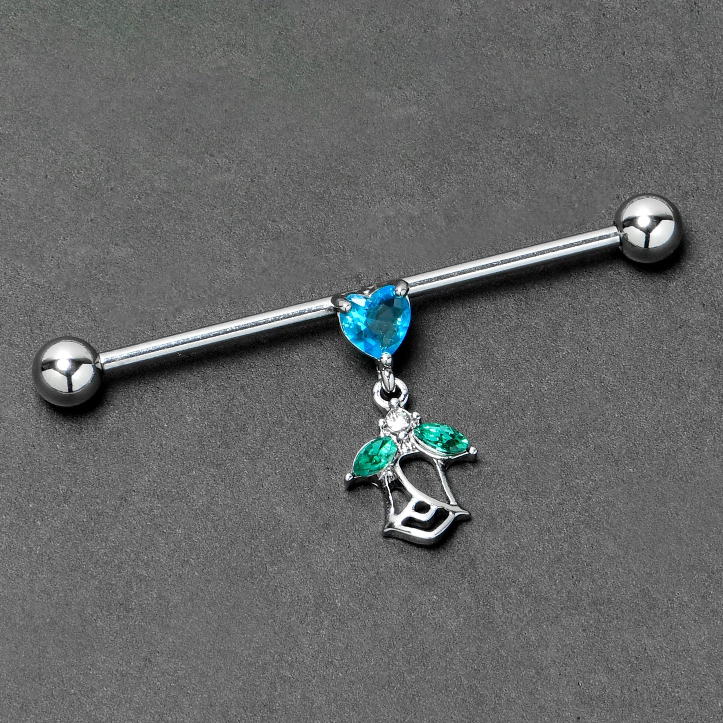 14G Blue CZ Gem Heart And Rose Dangle Industrial Barbell 38mm