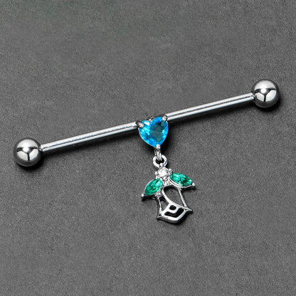 14G Blue CZ Gem Heart And Rose Dangle Industrial Barbell 38mm