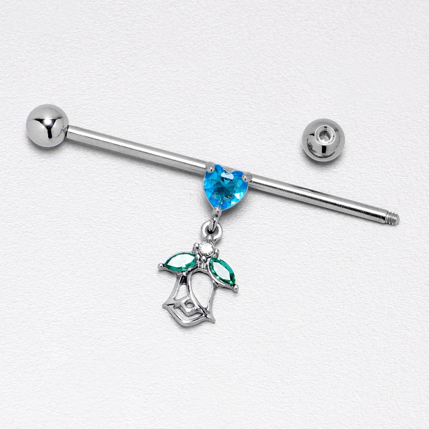 14G Blue CZ Gem Heart And Rose Dangle Industrial Barbell 38mm