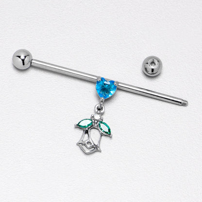 14G Blue CZ Gem Heart And Rose Dangle Industrial Barbell 38mm
