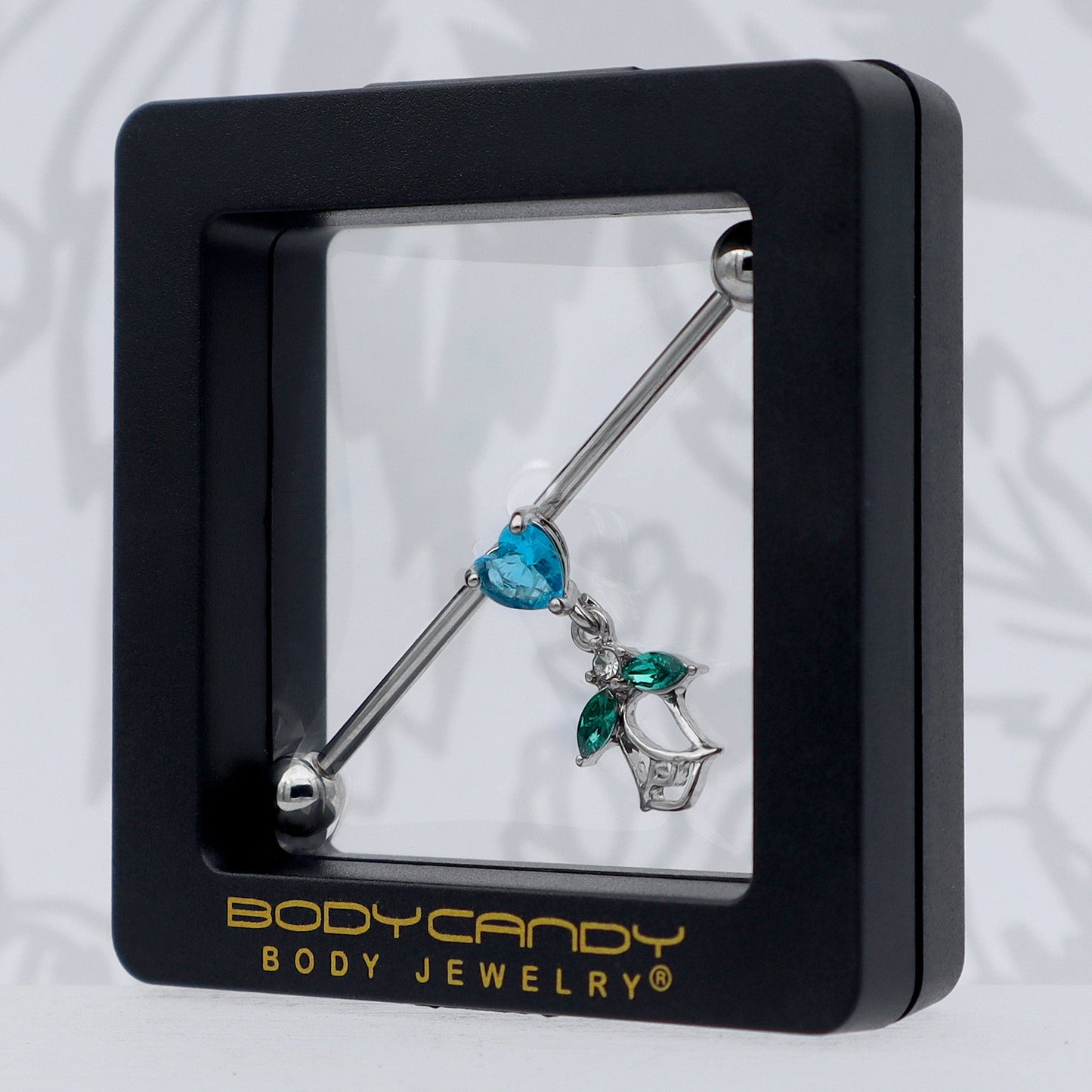 14G Blue CZ Gem Heart And Rose Dangle Industrial Barbell 38mm