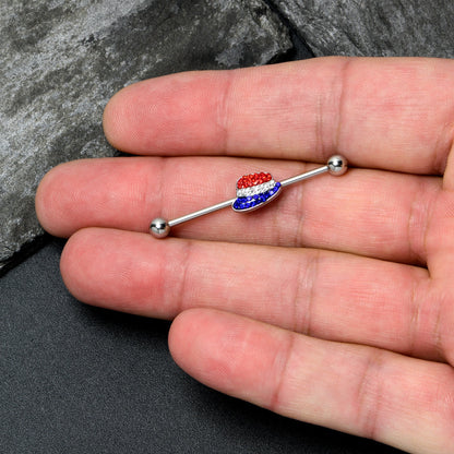 14G Red Blue Clear Gem Patriotic Hat Industrial Barbell 38mm