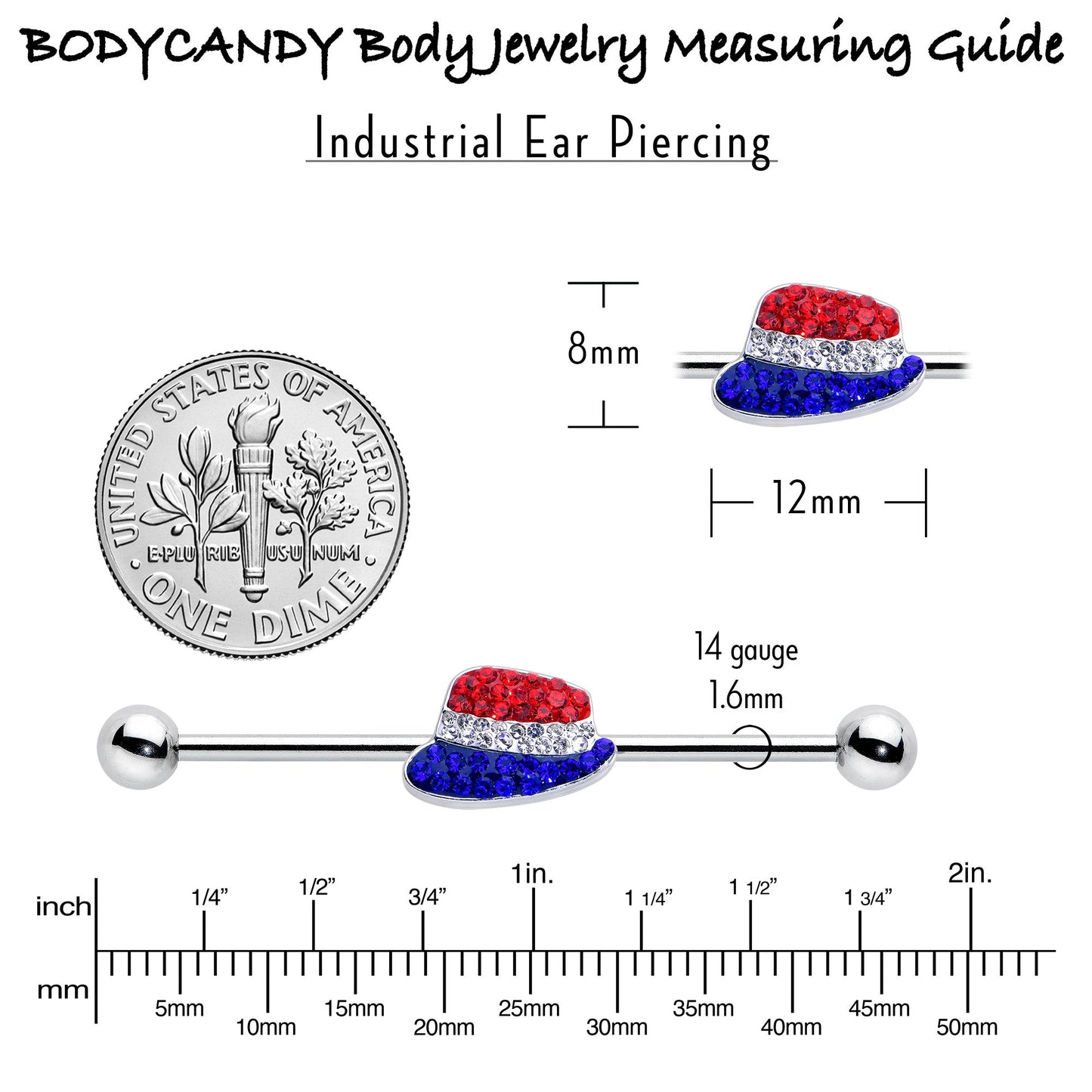 14G Red Blue Clear Gem Patriotic Hat Industrial Barbell 38mm