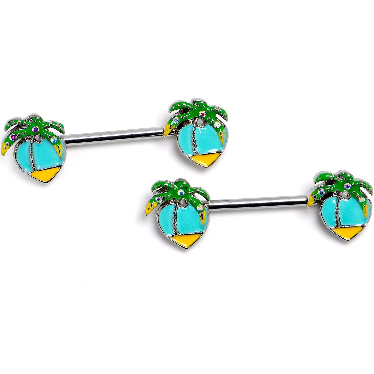 14G 9/16 Aurora Gem Beach Heart Palm Tree Barbell Nipple Ring Set