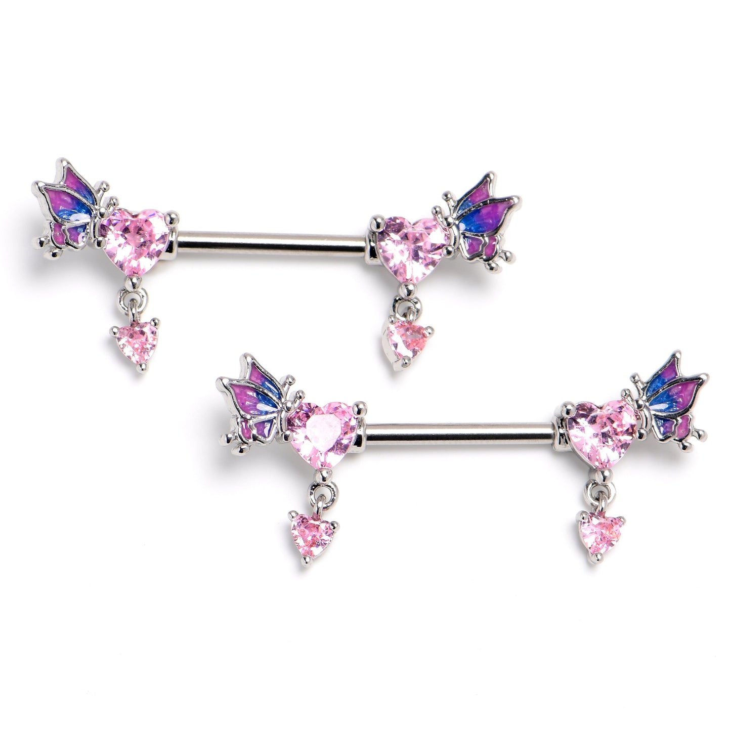 14G 9/16 Pink Gem Heart Butterfly Purple Dangle Nipple Ring Set