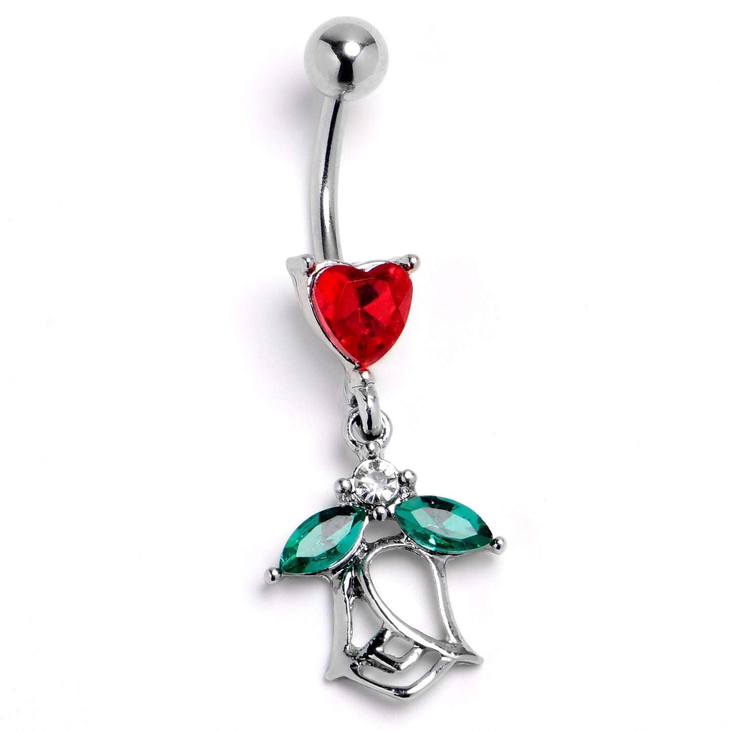 Red Gem Heart And Rose Dangle Belly Ring