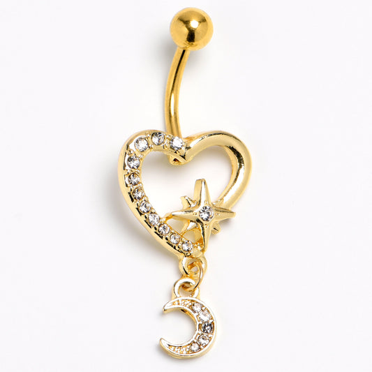 Clear Gem Gold Tone Heart Moon Dangle Belly Ring