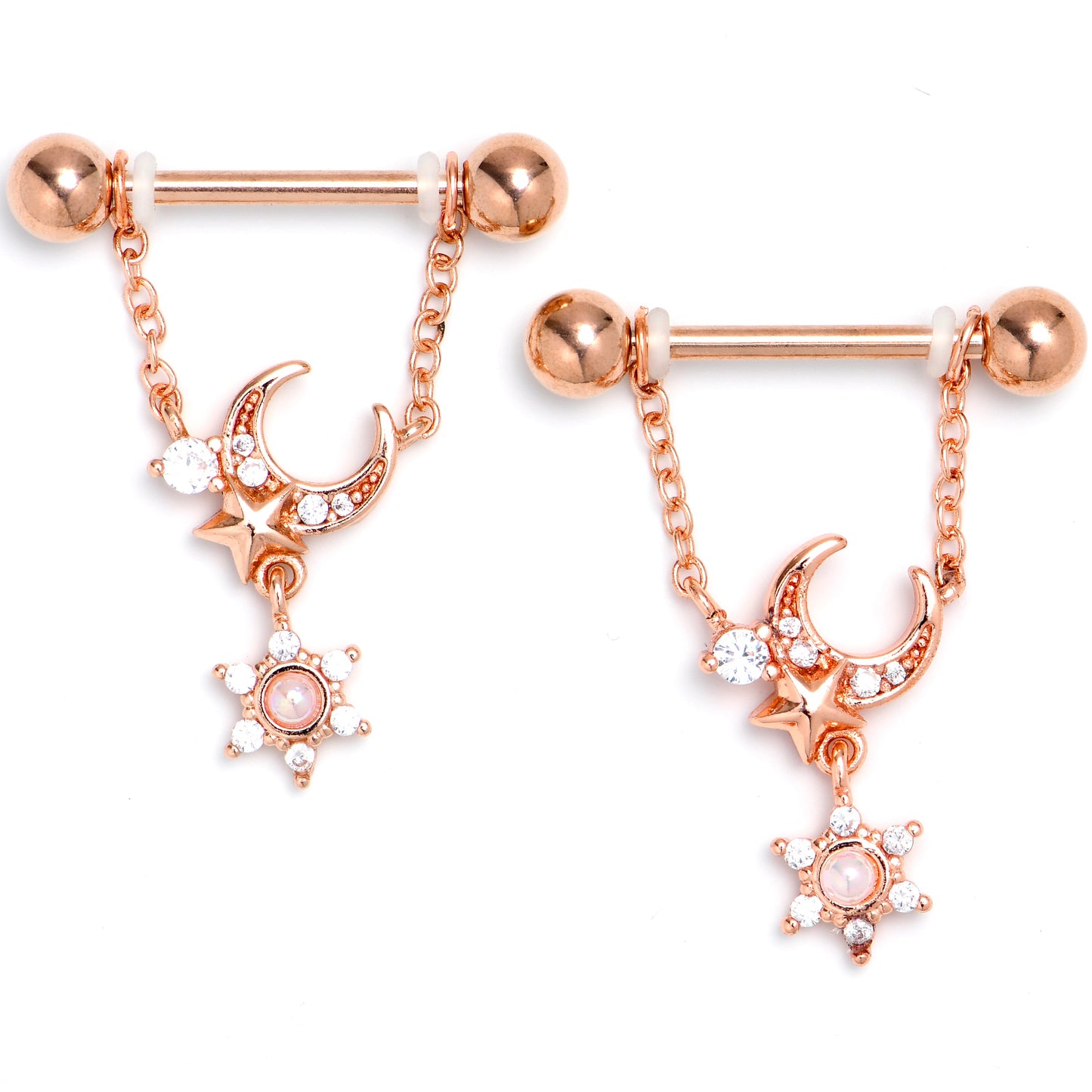 14G 9/16 Clear CZ Gem Rose Gold Hue Moon Star Dangle Nipple Ring Set