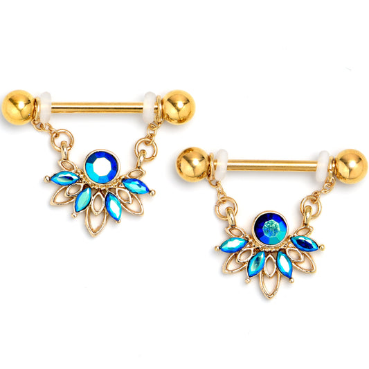 14G 9/16 Blue Gem Gold Tone Filigree Tiara Dangle Nipple Ring Set