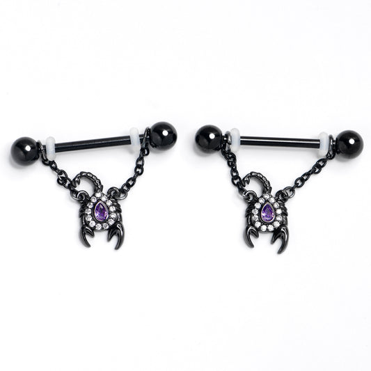 14G 9/16 Purple Gem Black Goth Scorpion Dangle Nipple Ring Set