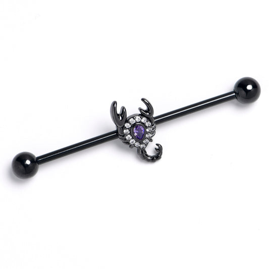 14G Clear Purple Gem Black Goth Scorpion Industrial Barbell 38mm
