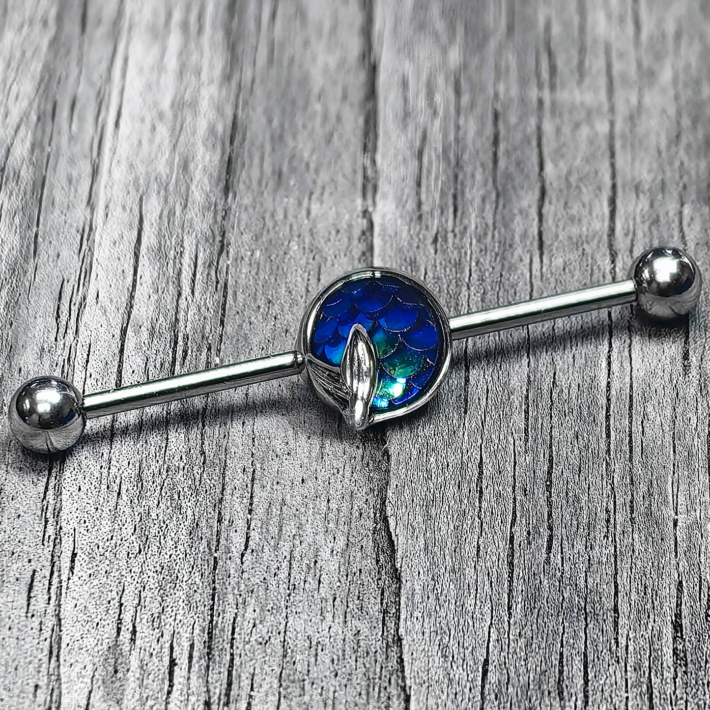 14G Mermaid Dark Blue Scale Tail Industrial Barbell 38mm