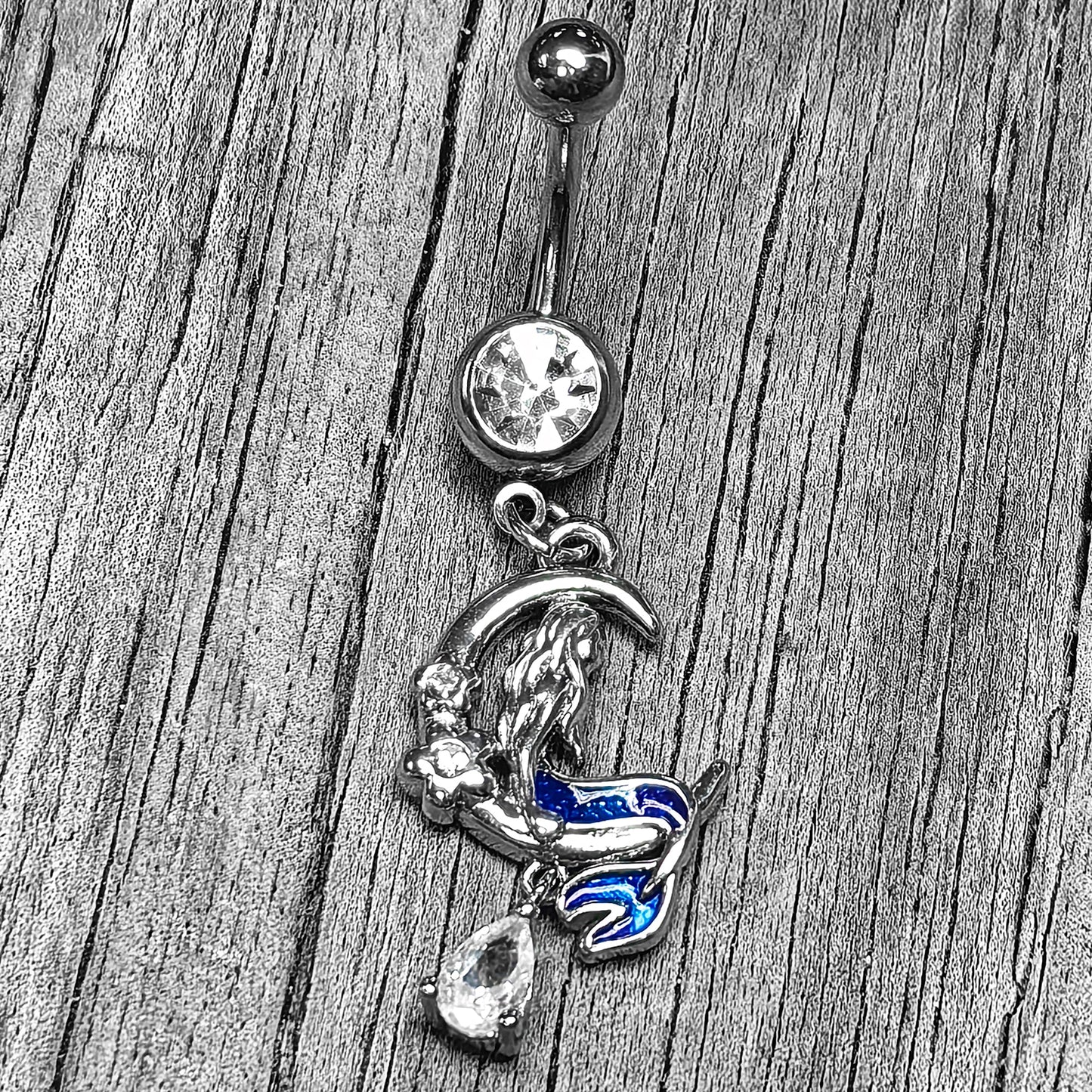 Clear Gem Floral Mermaid Moon Dangle Belly Ring