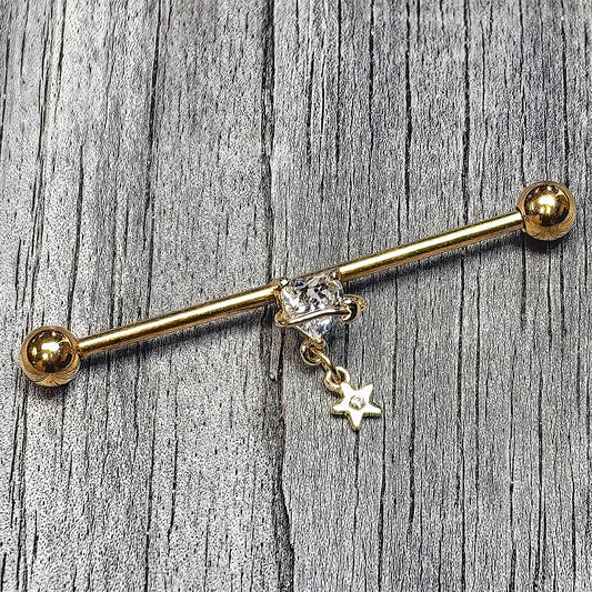 14G Clear Gem Gold Tone Starry Saturn Dangle Industrial Barbell 38mm