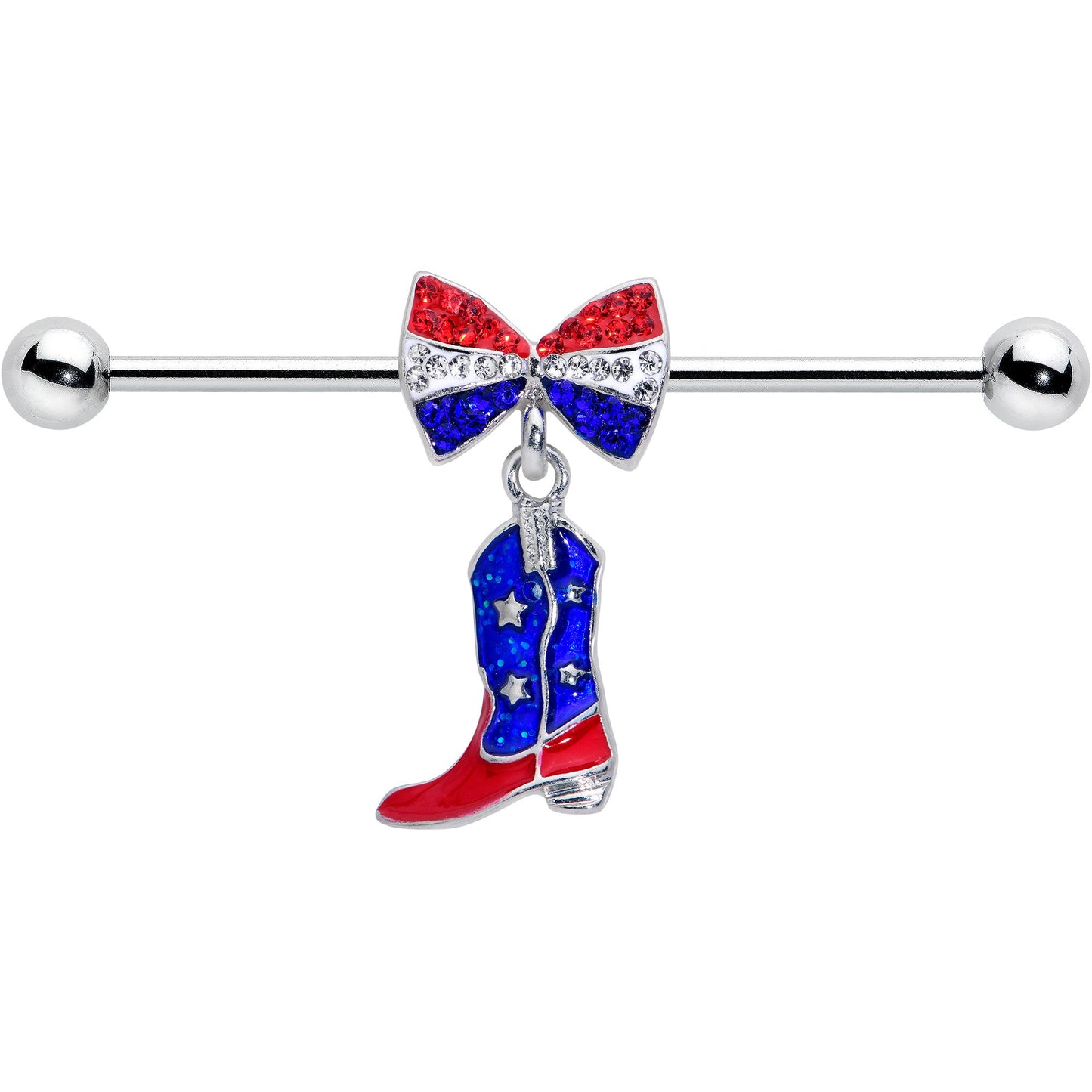 14G Red Blue Gem Bow Cowboy Boot Patriotic Industrial Barbell 38mm