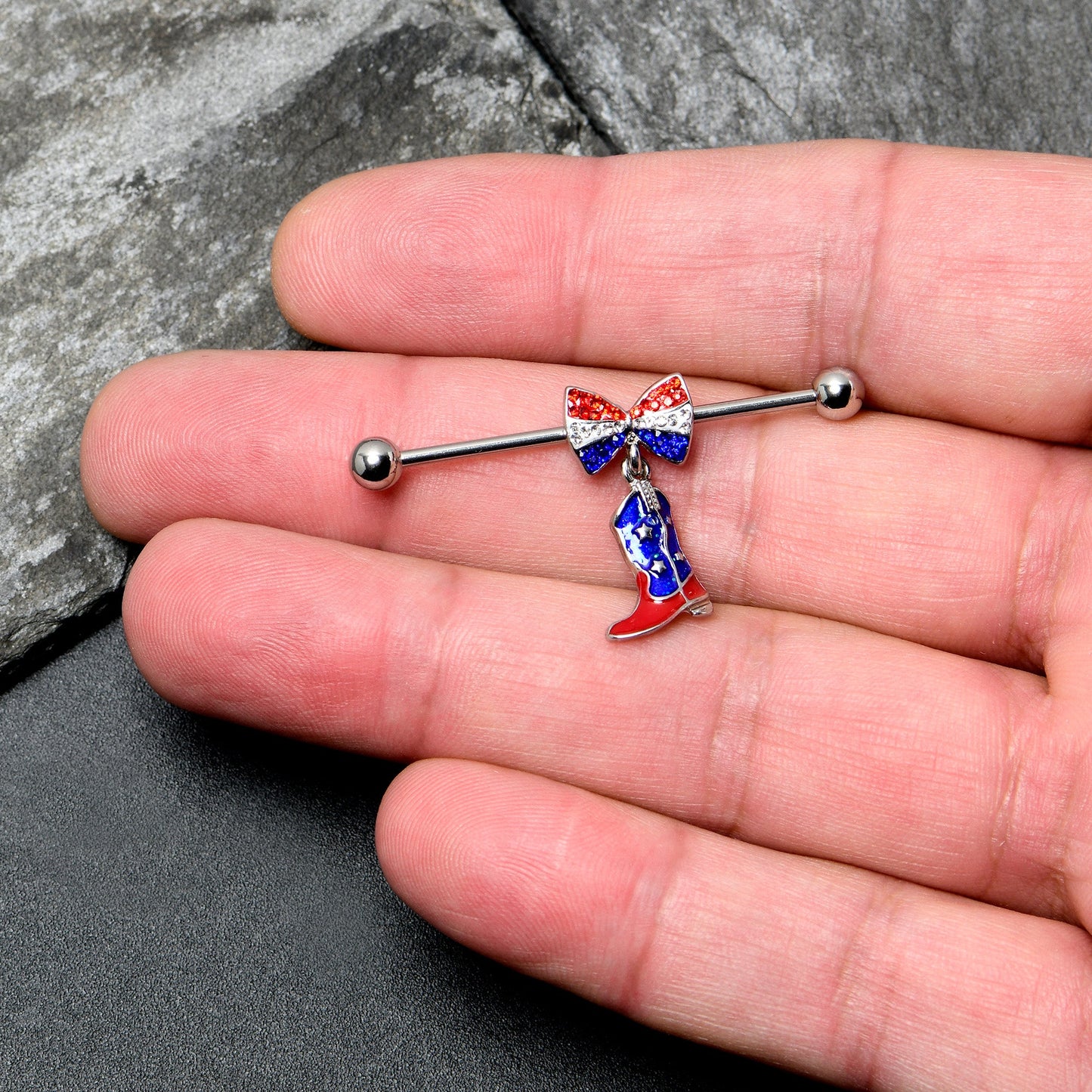 14G Red Blue Gem Bow Cowboy Boot Patriotic Industrial Barbell 38mm