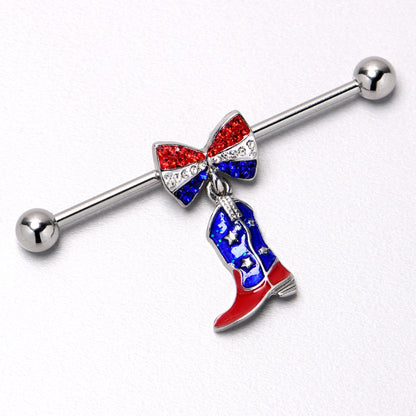 14G Red Blue Gem Bow Cowboy Boot Patriotic Industrial Barbell 38mm