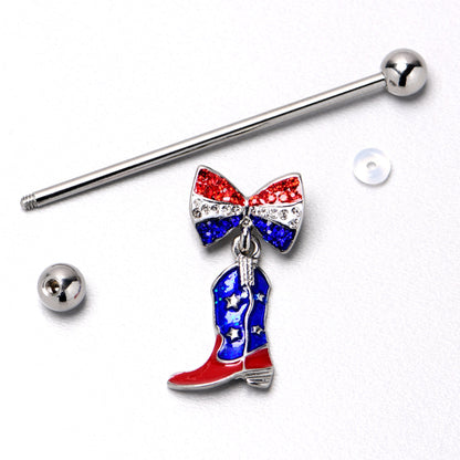 14G Red Blue Gem Bow Cowboy Boot Patriotic Industrial Barbell 38mm