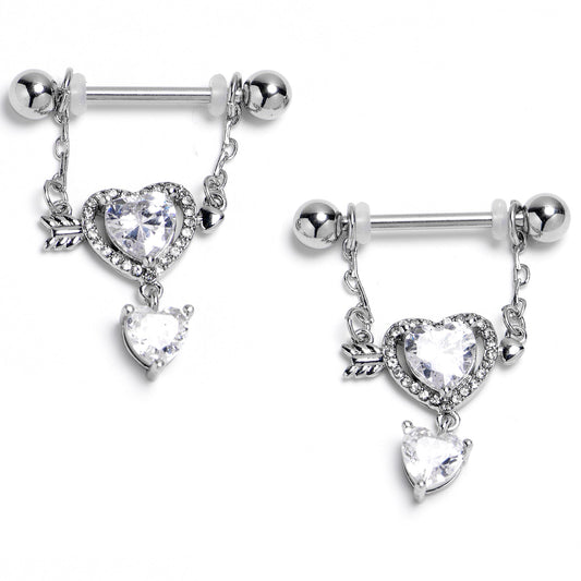 14G Fusion of Love Arrow Heart Dangle Nipple Ring Set