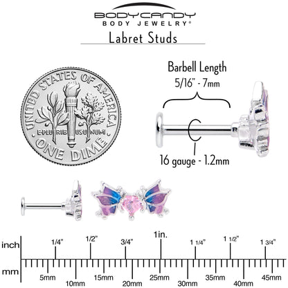 16G 5/16 Pink CZ Gem Heart Butterfly Labret Monroe Tragus