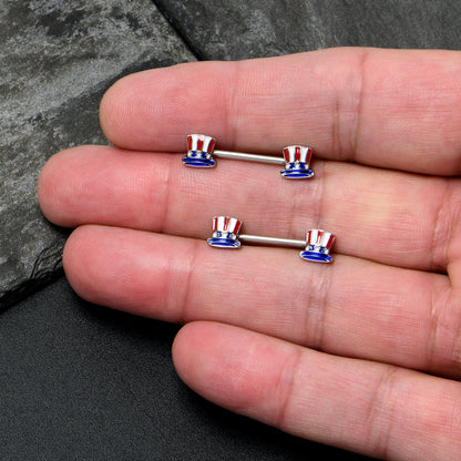 14G 9/16 Patriotic Top Hat Barbell Nipple Ring Set
