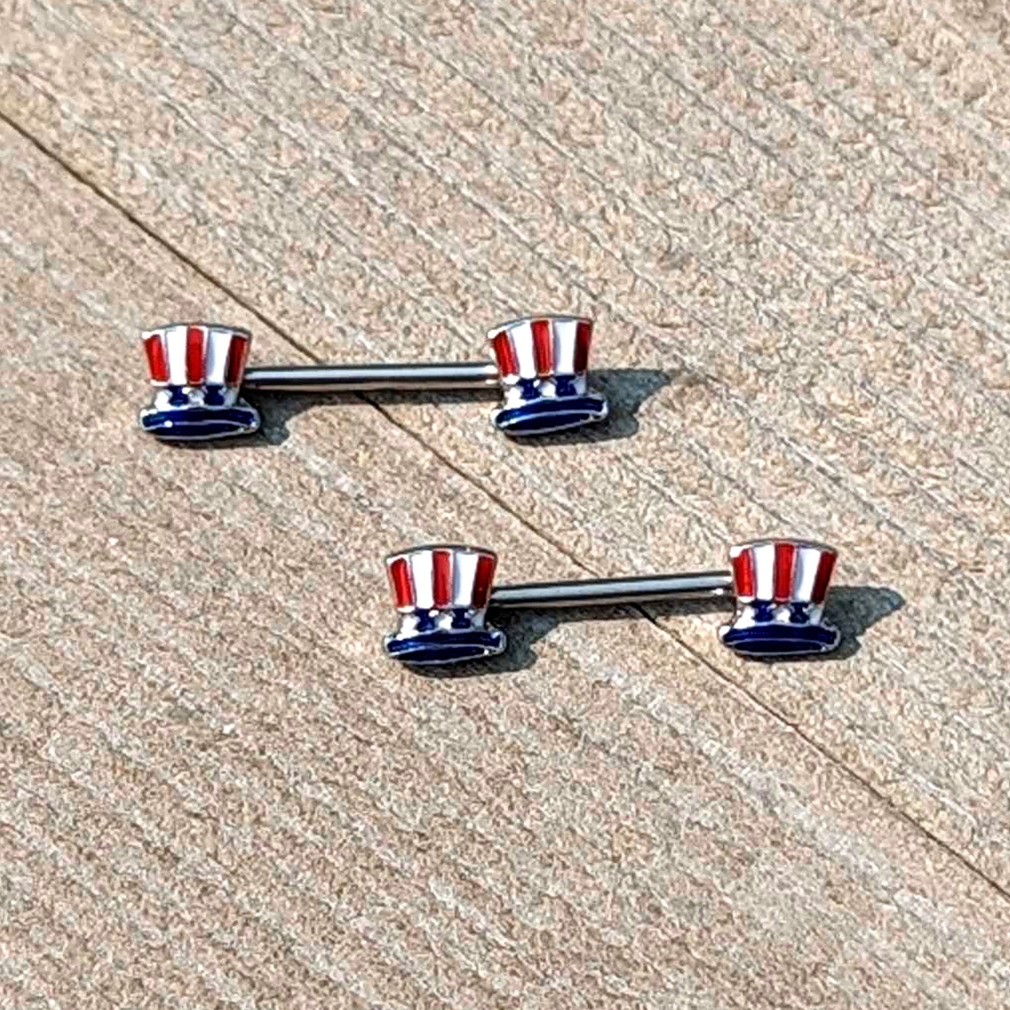 14G 9/16 Patriotic Top Hat Barbell Nipple Ring Set