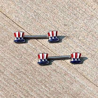 14G 9/16 Patriotic Top Hat Barbell Nipple Ring Set