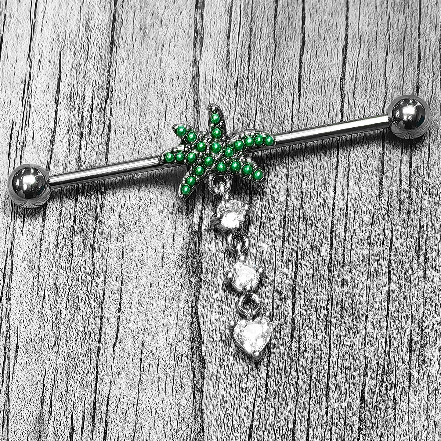 14G Clear Gem Palm Tree Love Dangle Industrial Barbell 38mm