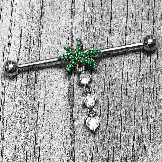 14G Clear Gem Palm Tree Love Dangle Industrial Barbell 38mm