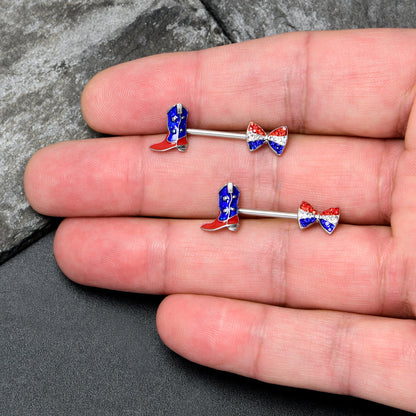 14G 9/16 Red Blue Gem Bow Cowboy Boot Patriotic Nipple Ring Set