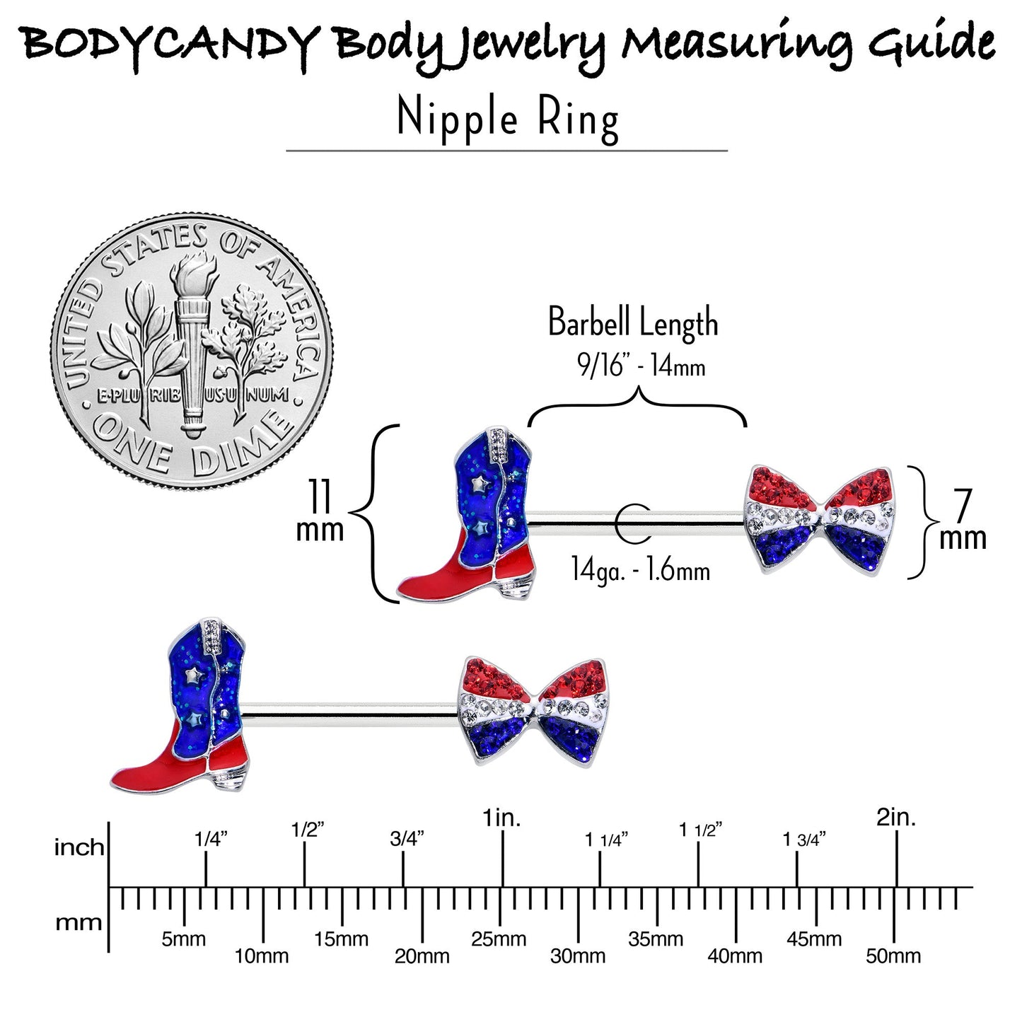 14G 9/16 Red Blue Gem Bow Cowboy Boot Patriotic Nipple Ring Set