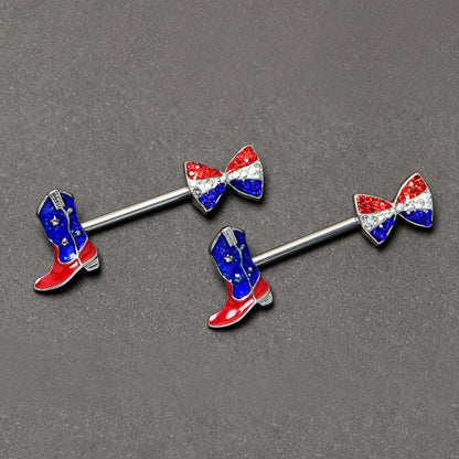 14G 9/16 Red Blue Gem Bow Cowboy Boot Patriotic Nipple Ring Set