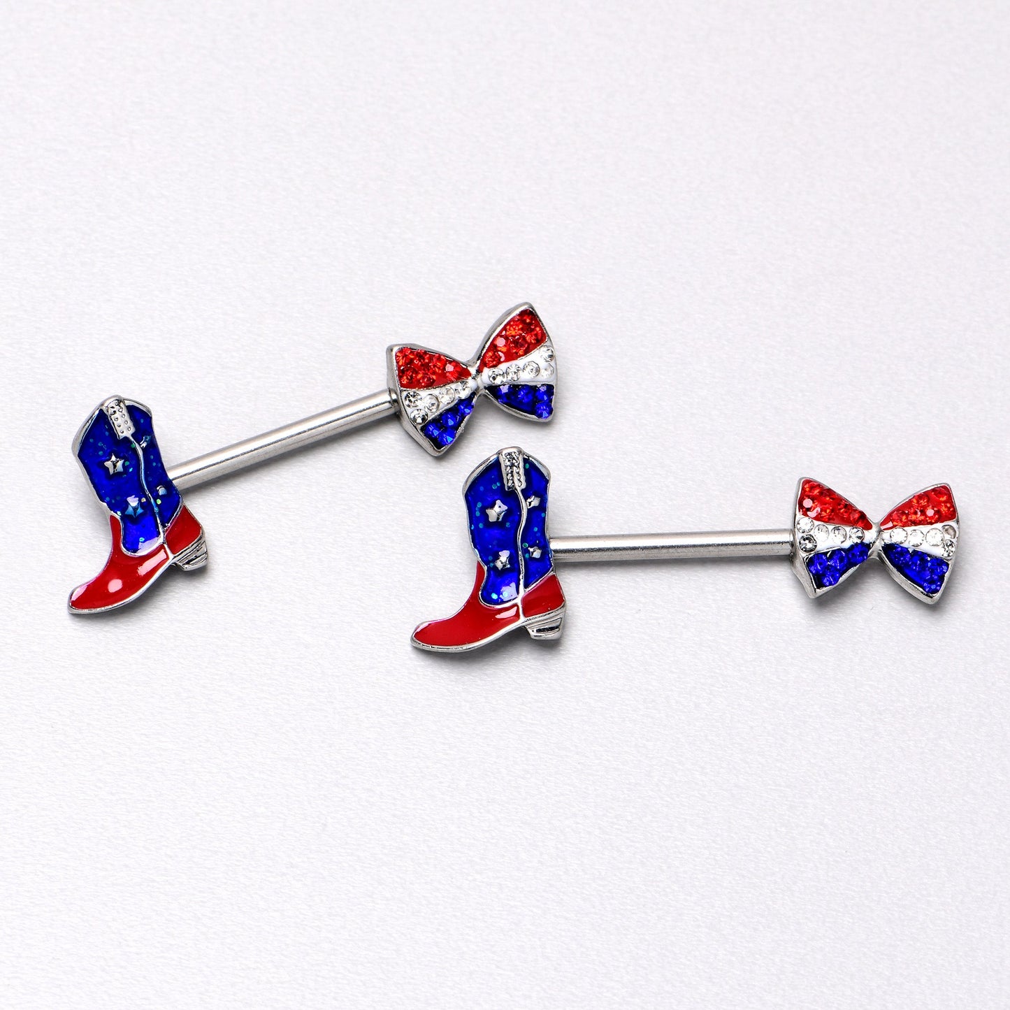 14G 9/16 Red Blue Gem Bow Cowboy Boot Patriotic Nipple Ring Set