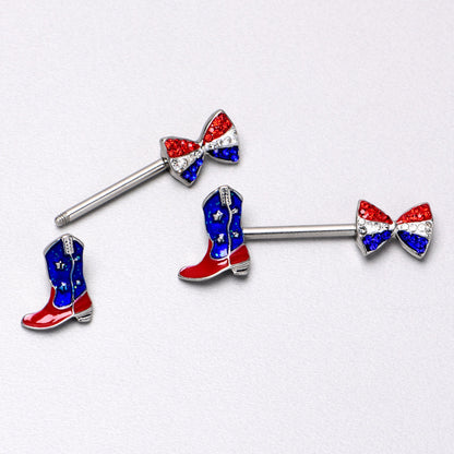 14G 9/16 Red Blue Gem Bow Cowboy Boot Patriotic Nipple Ring Set