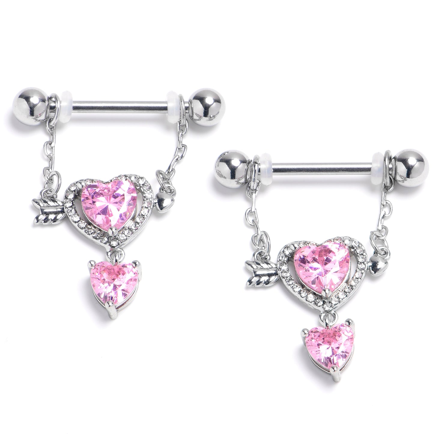 14G 9/16 Pink CZ Gem Fusion Of Love Arrow Heart Dangle Nipple Ring Set