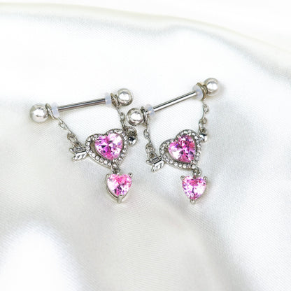 14G 9/16 Pink CZ Gem Fusion Of Love Arrow Heart Dangle Nipple Ring Set