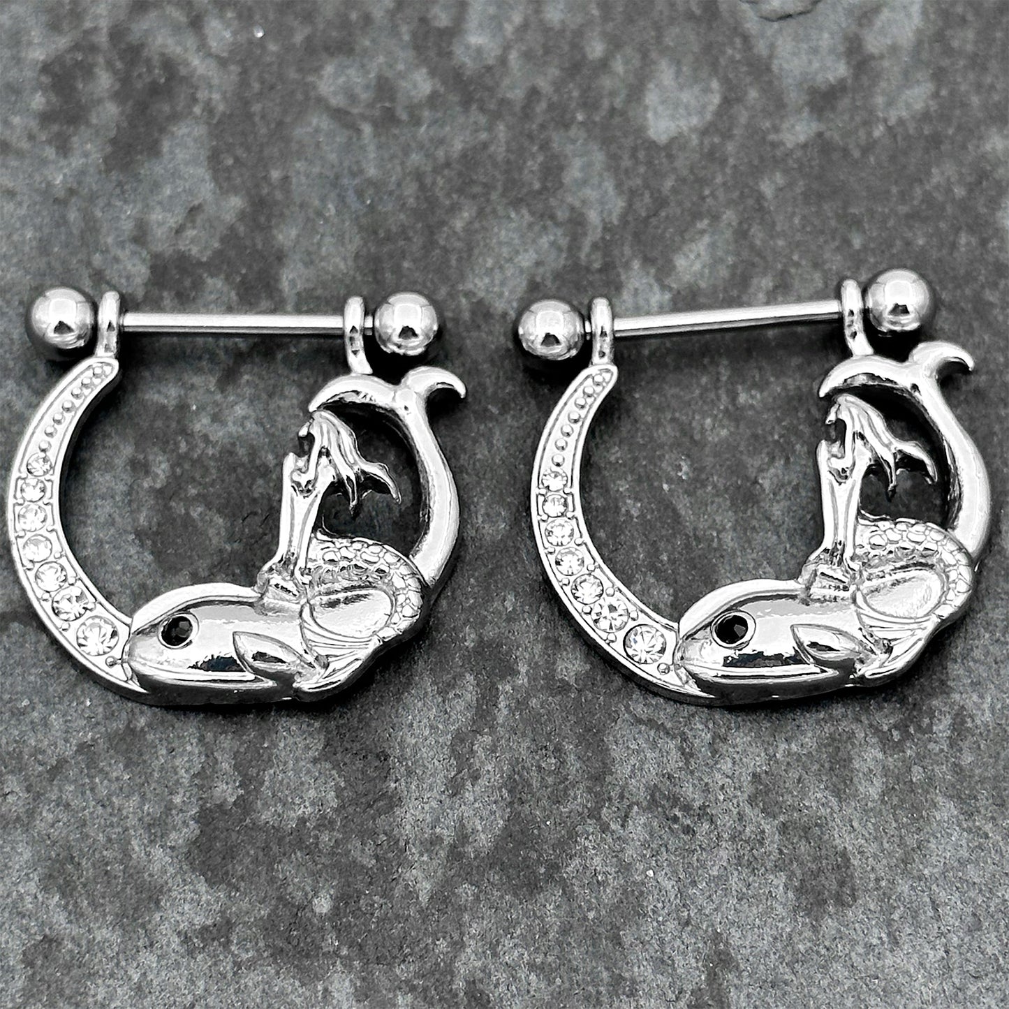 14G 9/16 Clear Black Gem Riding Mermaid Dangle Nipple Ring Set