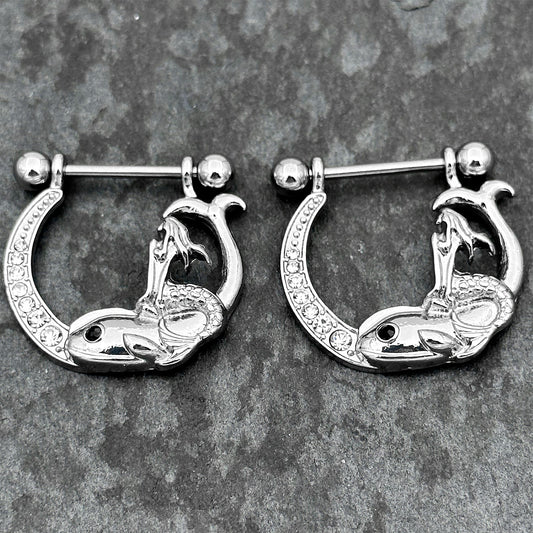 14G 9/16 Clear Black Gem Riding Mermaid Dangle Nipple Ring Set
