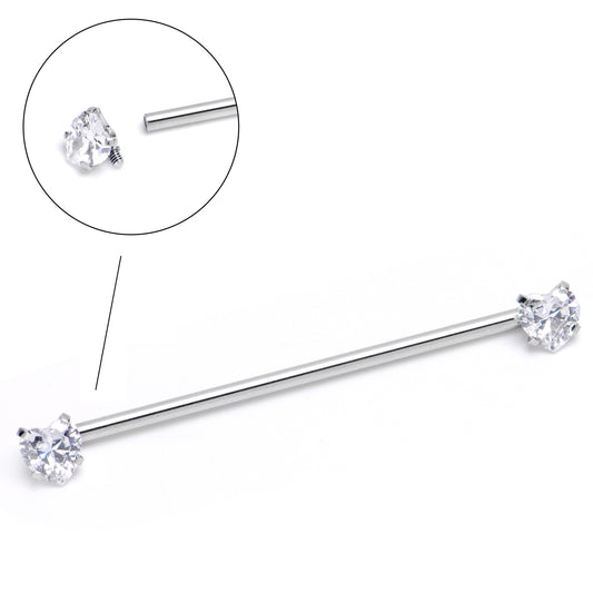 14G Clear CZ Gem Heart Internally Threaded Industrial Barbell 38mm