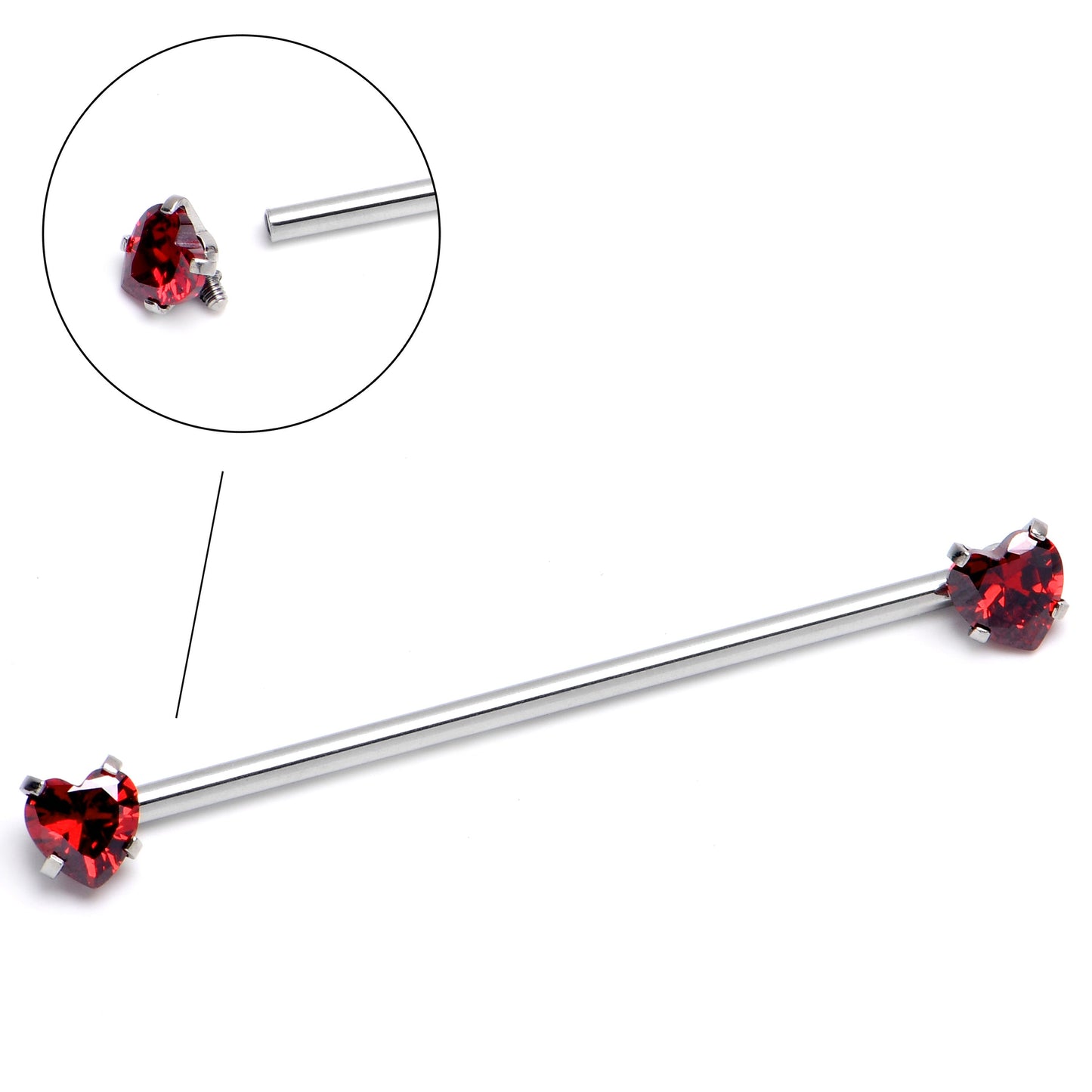 14G Red CZ Gem Heart Internally Threaded Industrial Barbell 38mm