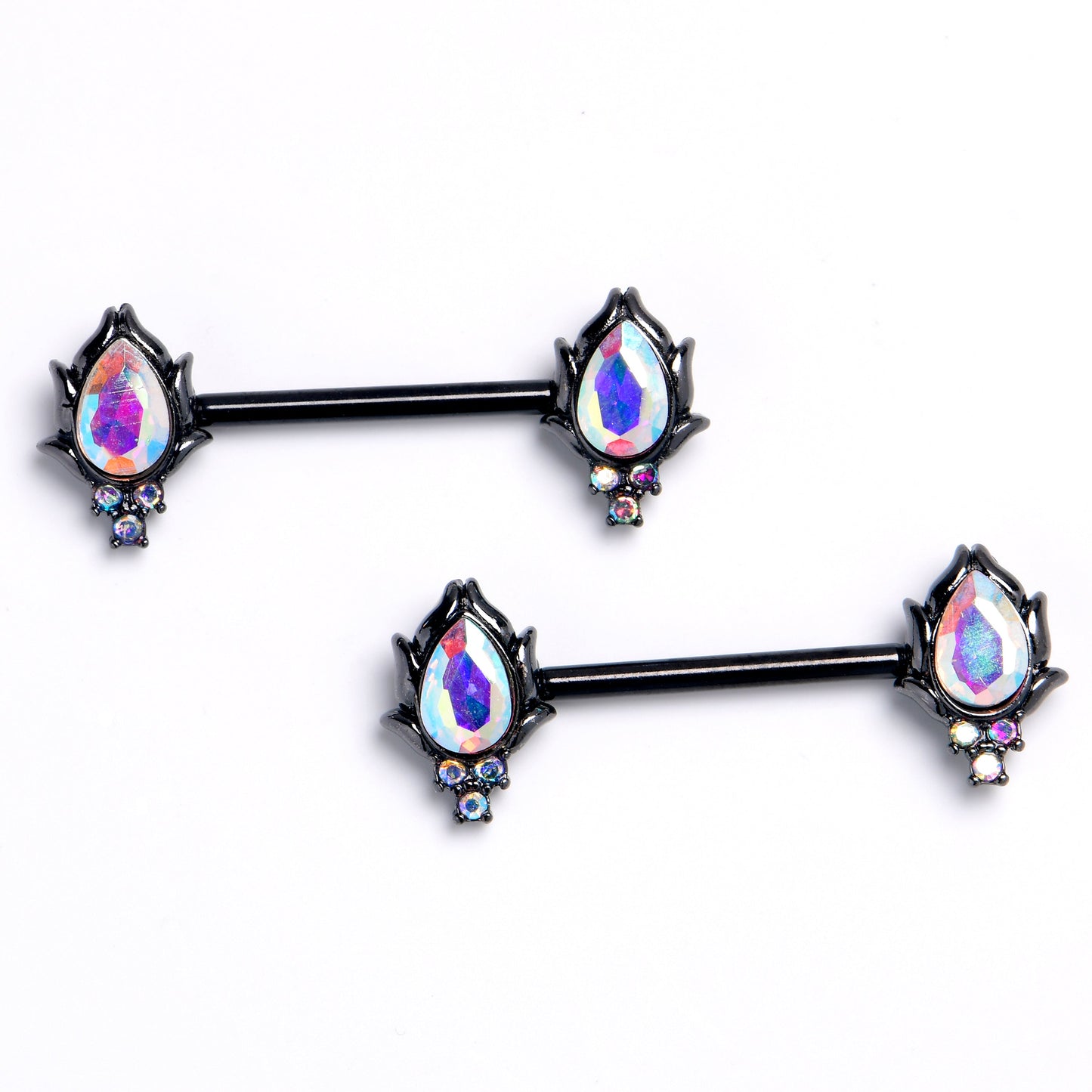 14G 9/16 Aurora CZ Gem Black Dream Drop Barbell Nipple Ring Set
