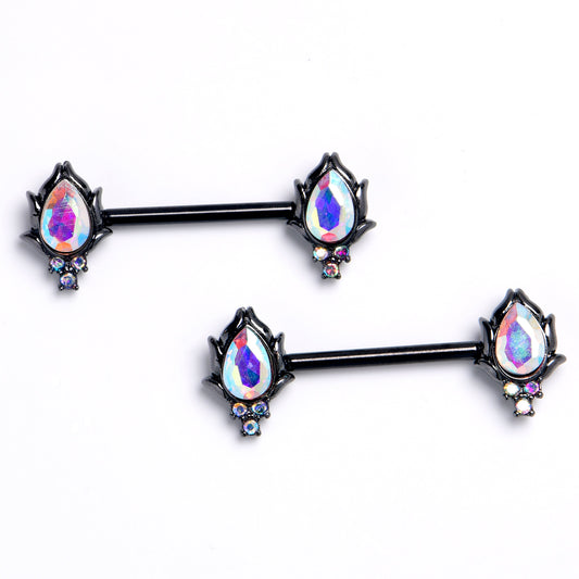 14G 9/16 Aurora CZ Gem Black Dream Drop Barbell Nipple Ring Set