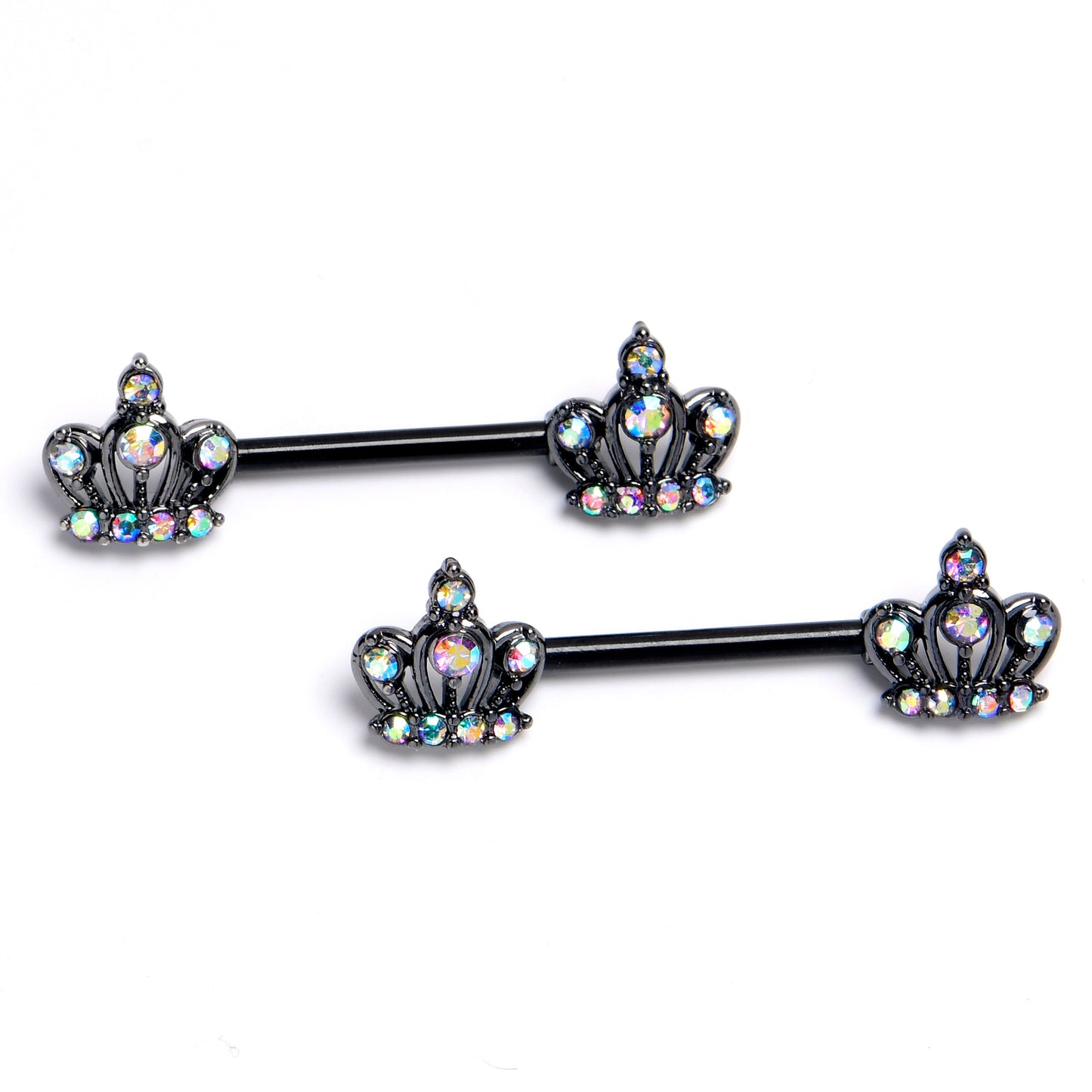 14G 9/16 Aurora CZ Gem Black Epic Crown Barbell Nipple Ring Set