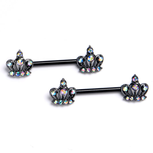 14G 9/16 Aurora CZ Gem Black Epic Crown Barbell Nipple Ring Set