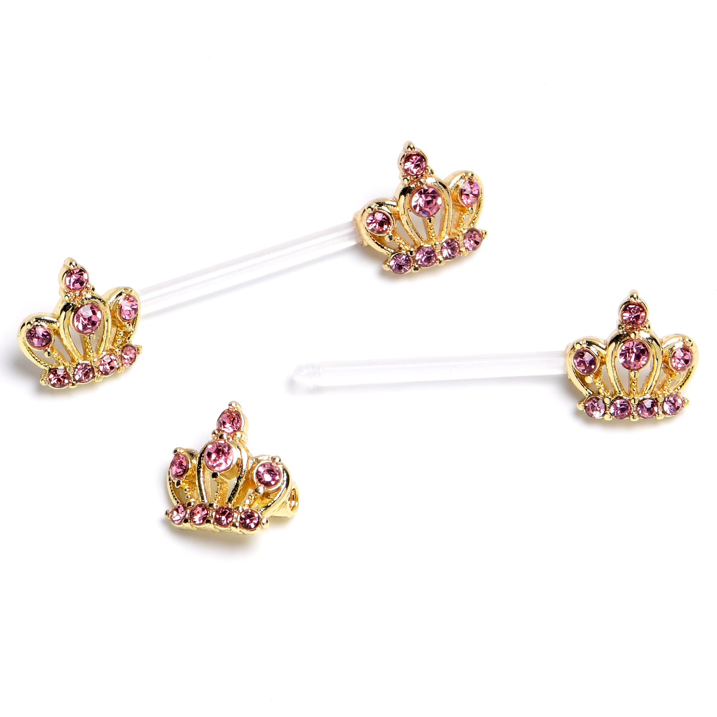14G 9/16 Pink Gem Bioplast Epic Crown Barbell Nipple Ring Set
