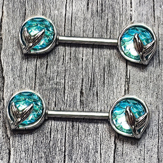 14G 9/16 Mermaid Blue Scale Tail Barbell Nipple Ring Set