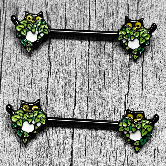 14G 9/16 Black Pouncing Cat Barbell Nipple Ring Set