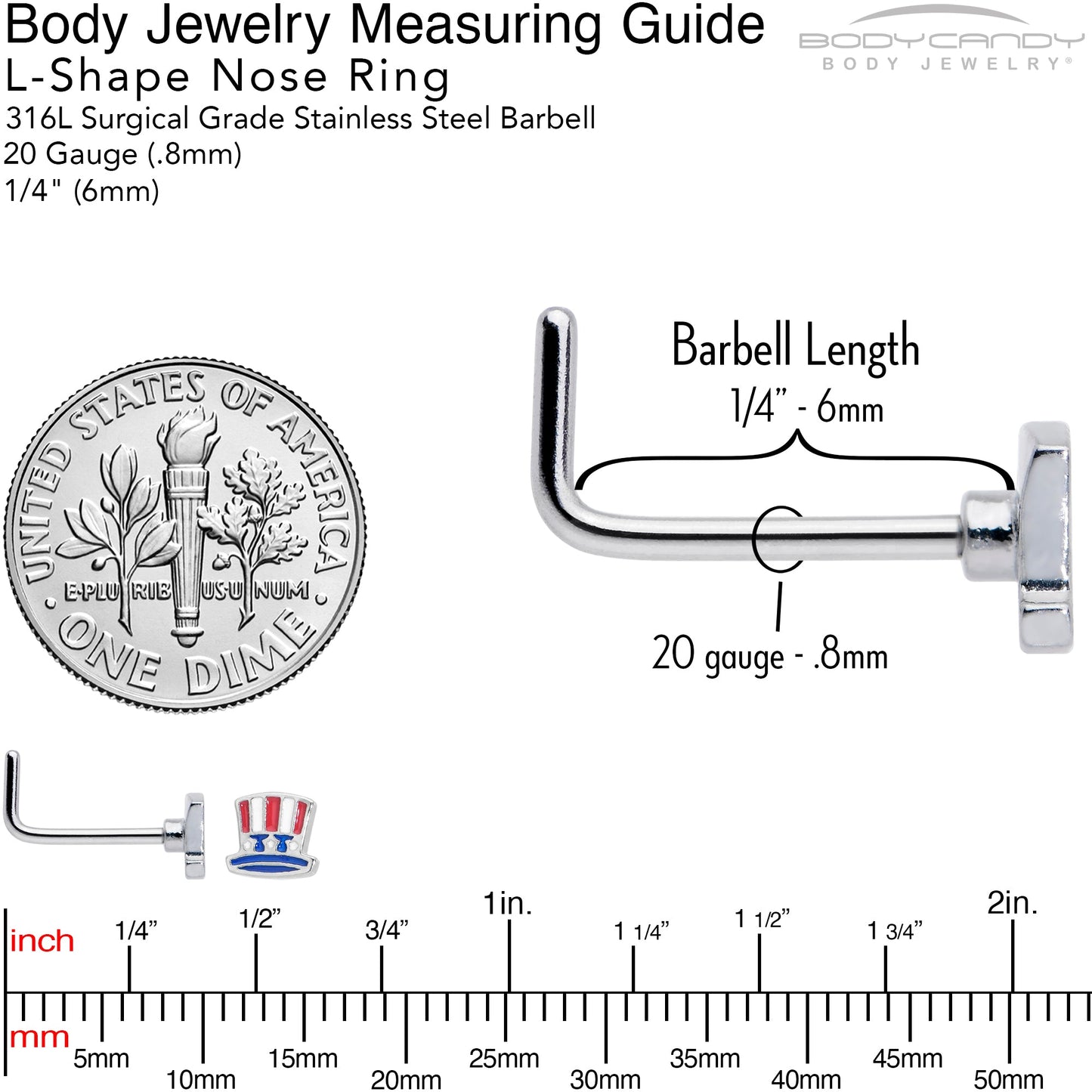 20G 7mm Patriotic Uncle Sam Top Hat L Shape Nose Ring