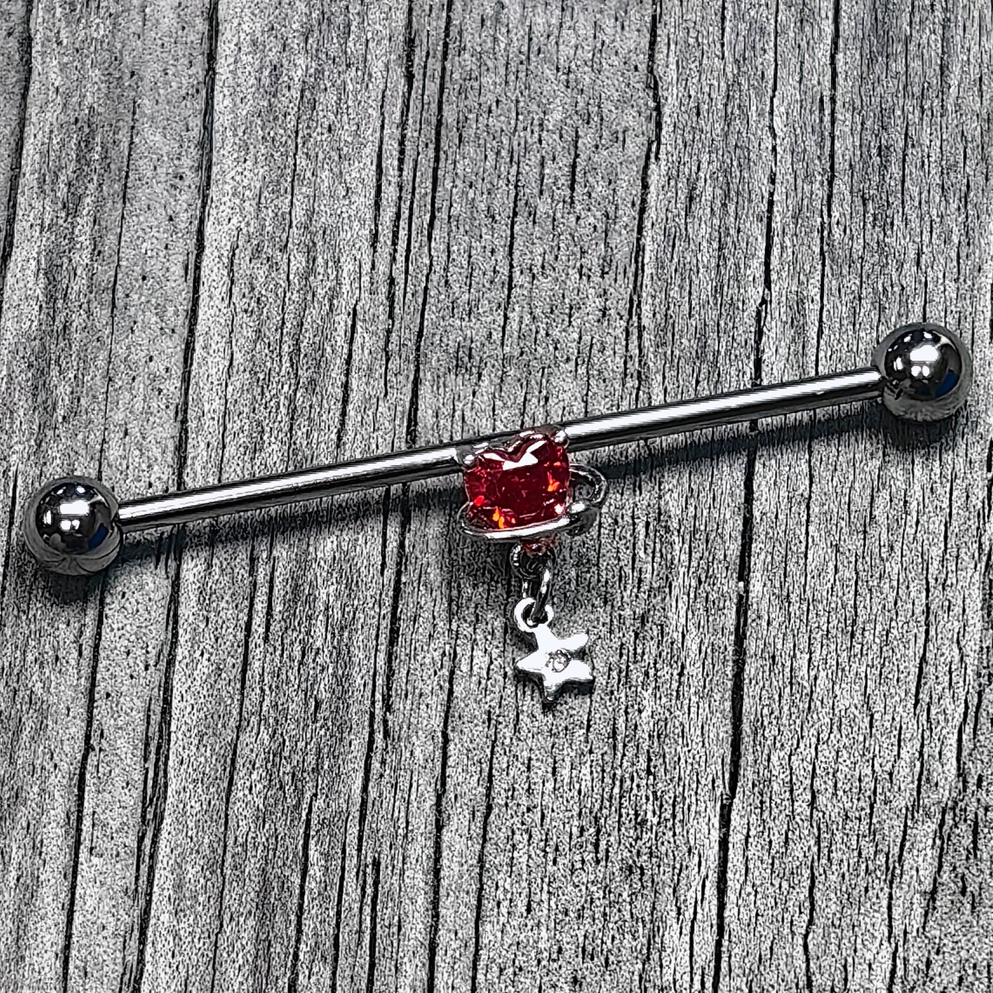 14G Red CZ Gem Starry Saturn Heart Dangle Industrial Barbell 38m