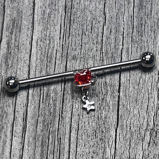 14G Red CZ Gem Starry Saturn Heart Dangle Industrial Barbell 38m